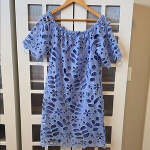 Blue Eyelet Off-Shoulder Dress